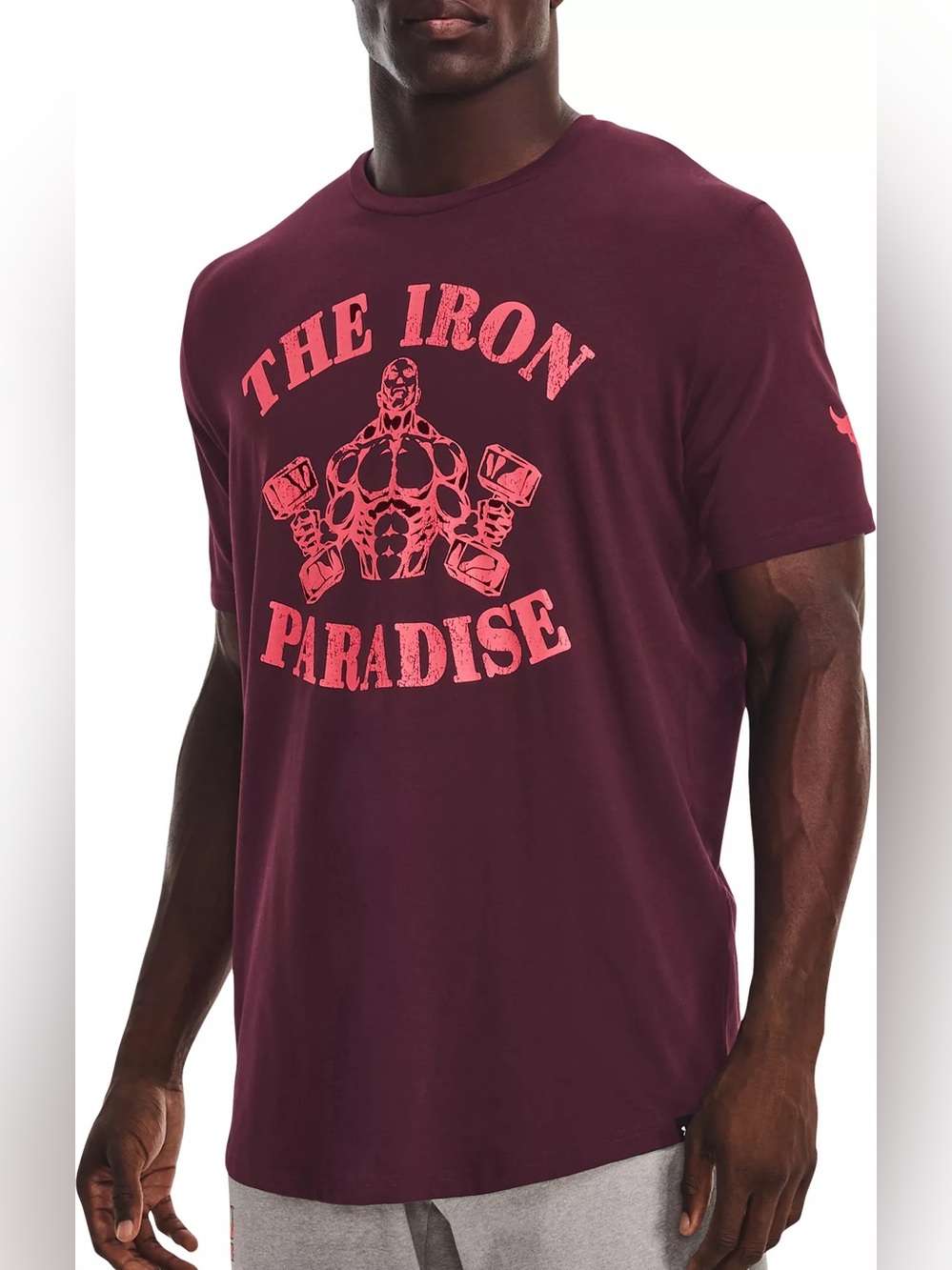 Under Armour Project Rock Iron Paradise Graphic T Shirt Burgundy Gym Tee L